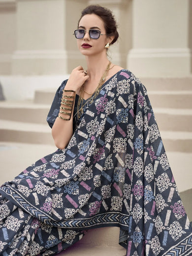 Pretty Navy Blue Printed Mal Mal Silk Casual Wear Saree With Blouse